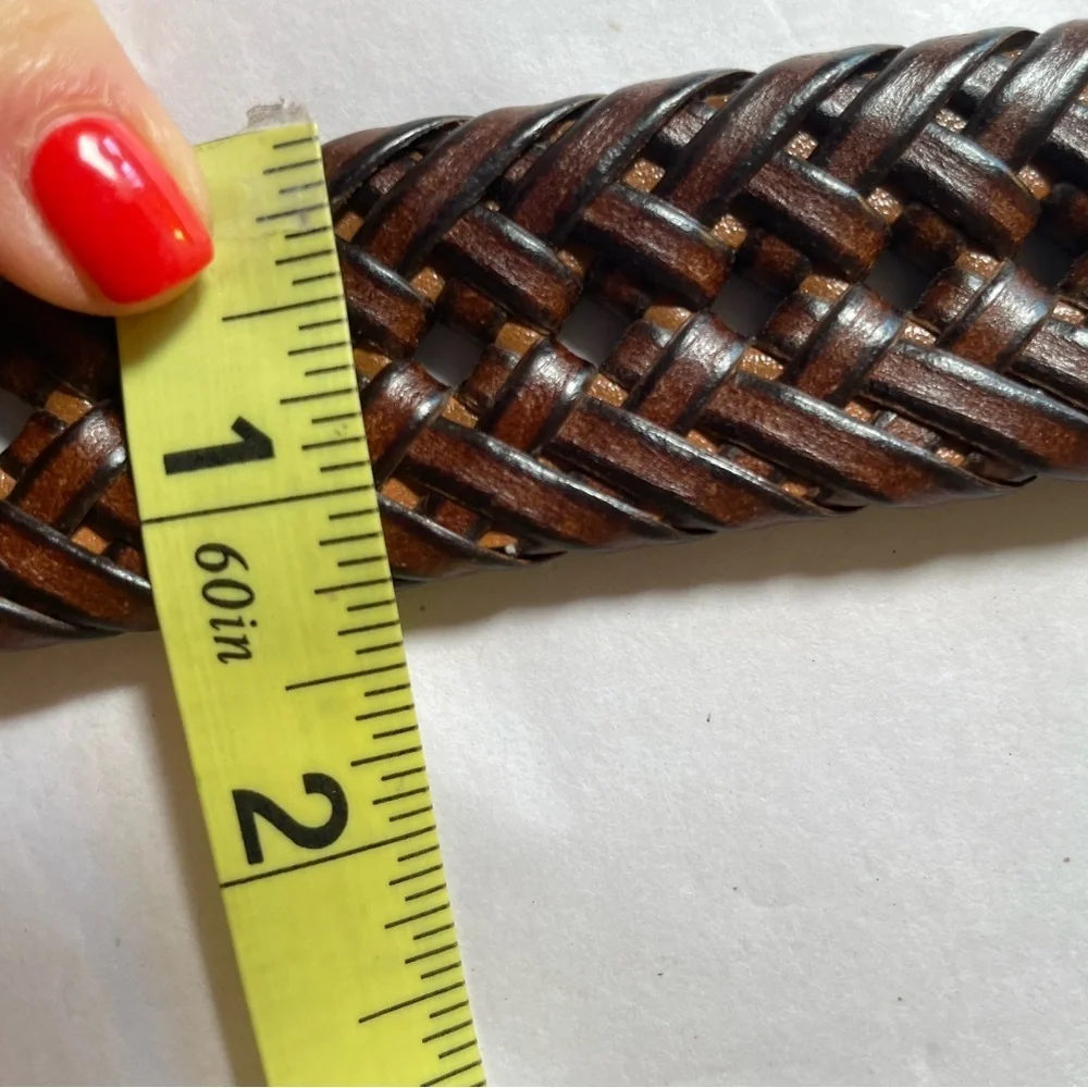 Vintage Braided Woven Brown Genuine Leather Belt Brass Square Buckle Mens Sz 38